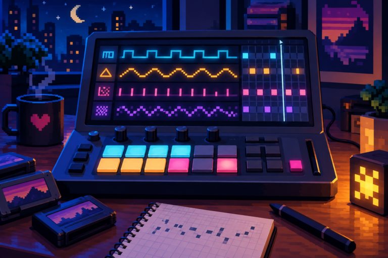 Chiptune game music workstation with pulse wave tracks and a 16-bar loop sketch