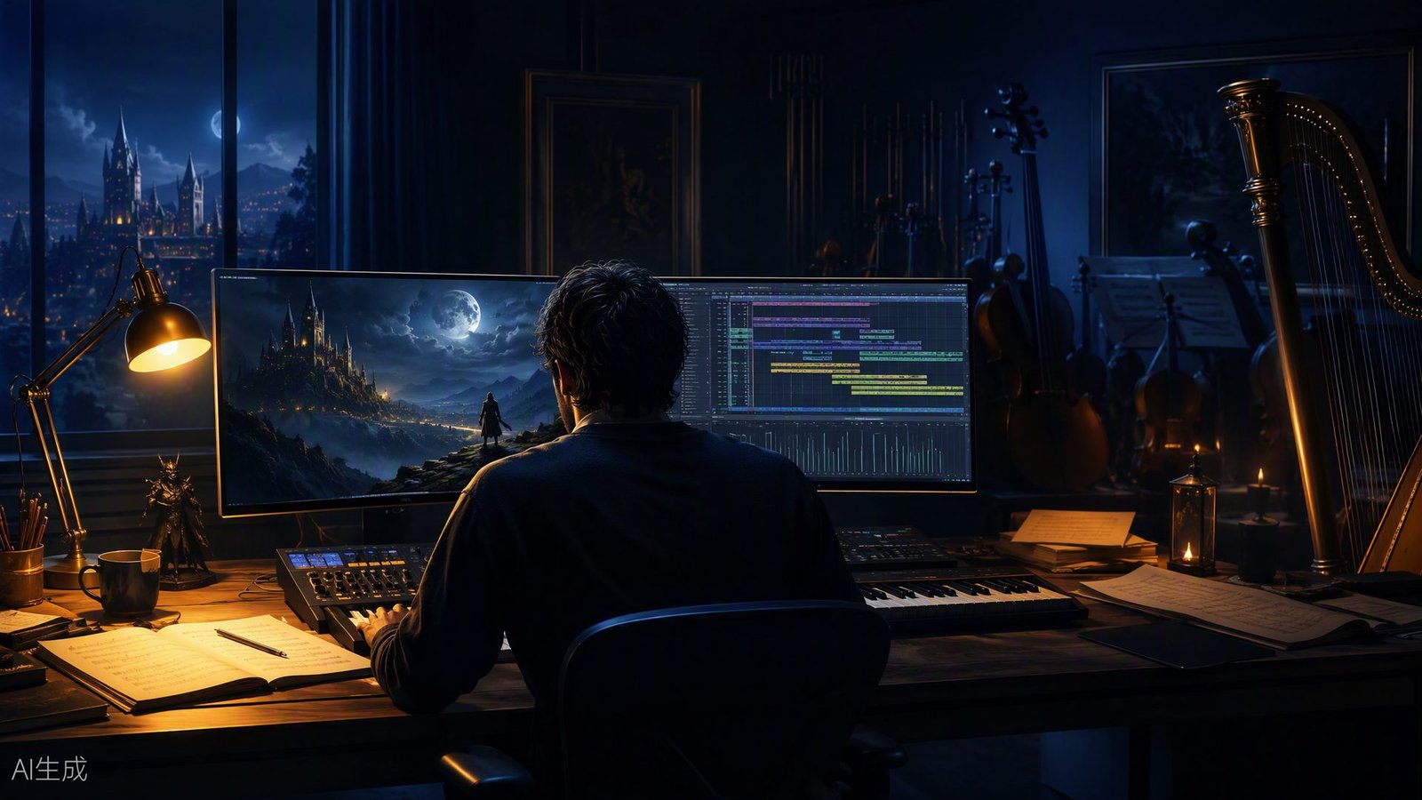 A composer at a home studio desk scoring a fantasy video game on dual monitors